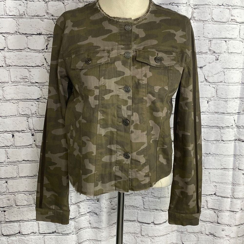 Skinny Girl Womens Camo Military Jacket Button‎ Raw Edge Stretch Green Large